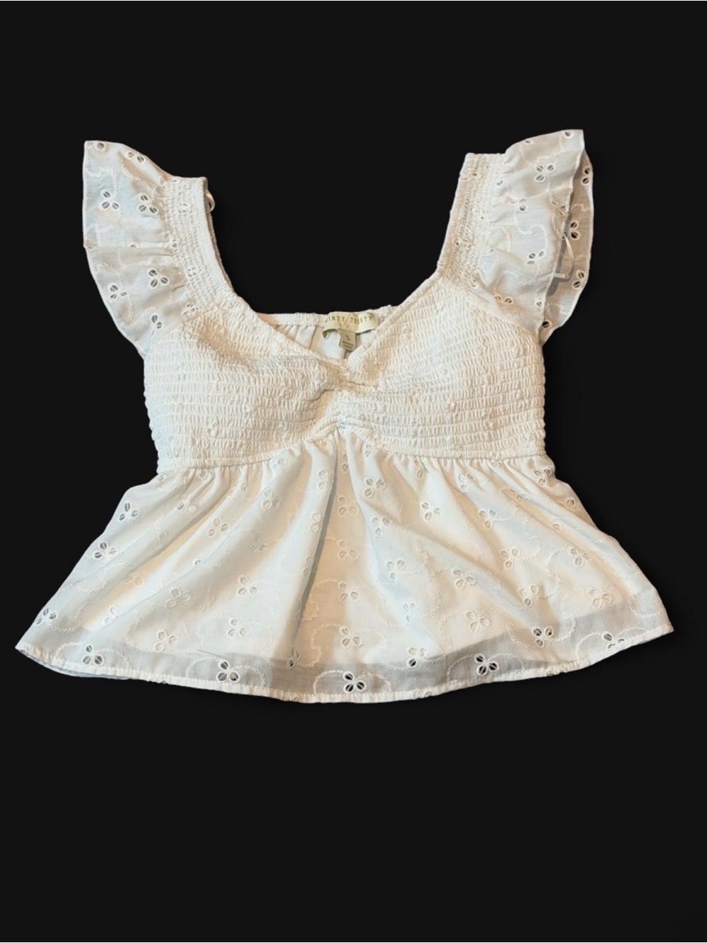 White Eyelet Smocked Peplum Blouse with Flutter Sleeves - Picture 6 of 8